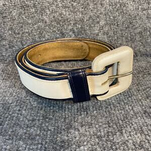 Vintage Talbots Women Size XL Genuine Leather White Navy Blue Belt Square Buckle